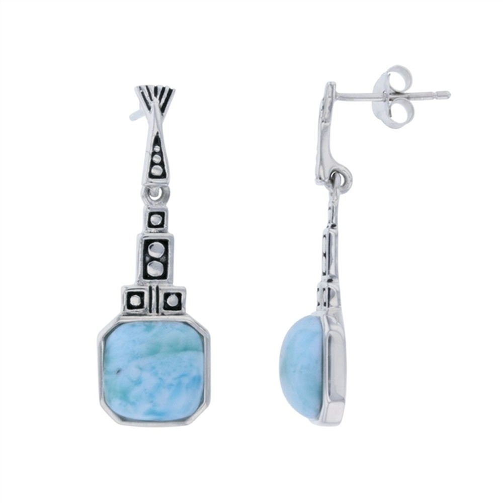 925 Sterling Silver Larimar Cushion Shape Dot Pattern Drop Earrings Post Back